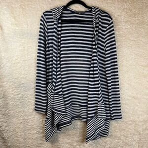 Retro-Ology Womens Open Front Cardigan Sweater‎ Blue Stripe Stretch Hooded S